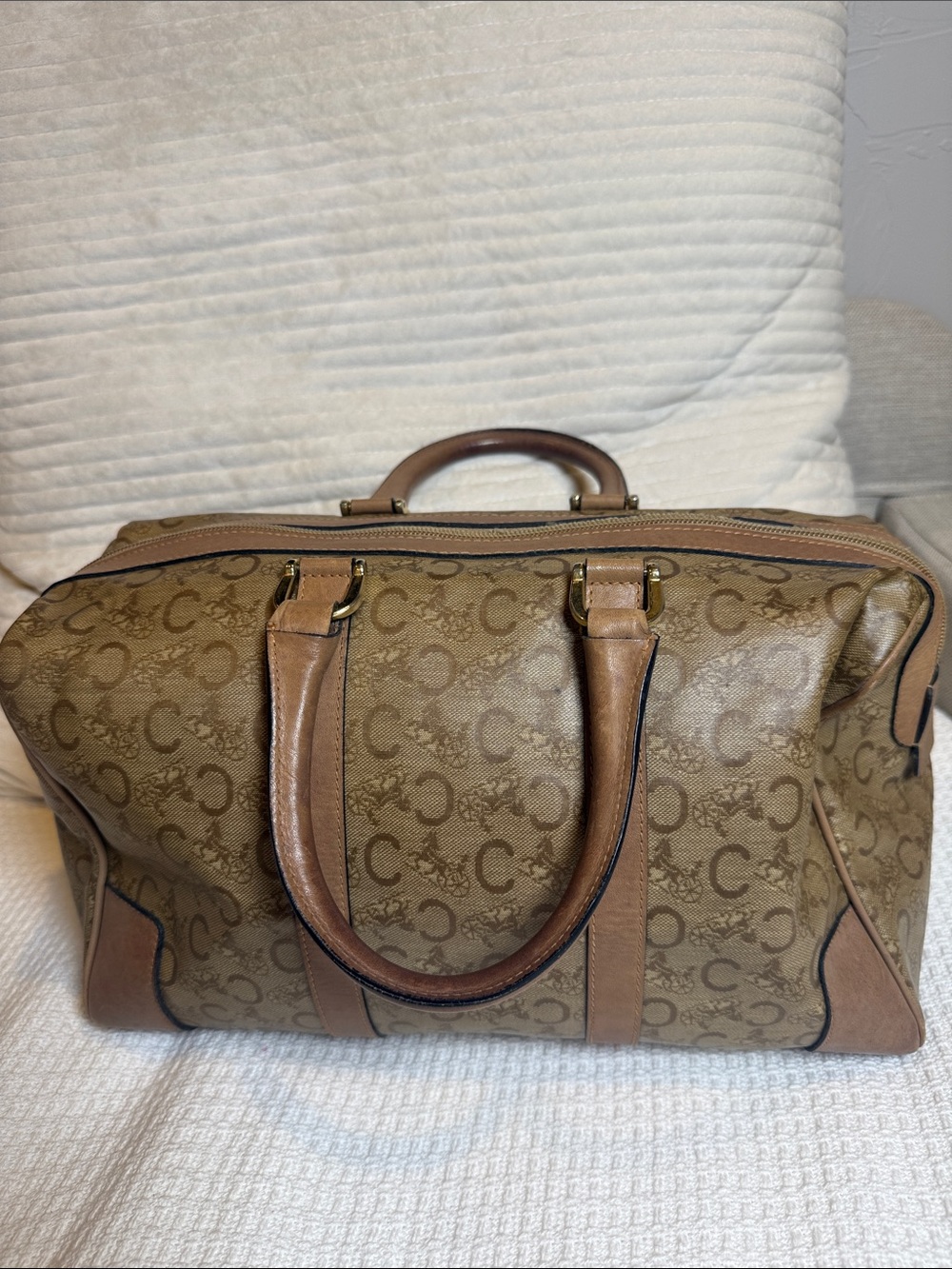 Vintage CELINE Macadam Boston Bag Brown Monogram Canvas Leather Travel Duffle